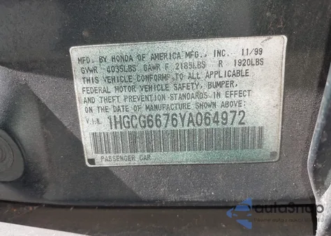 2000 Honda Accord 2.3 Ex z USA, uszkodzony, nr VIN 1HGCG6676YA064972